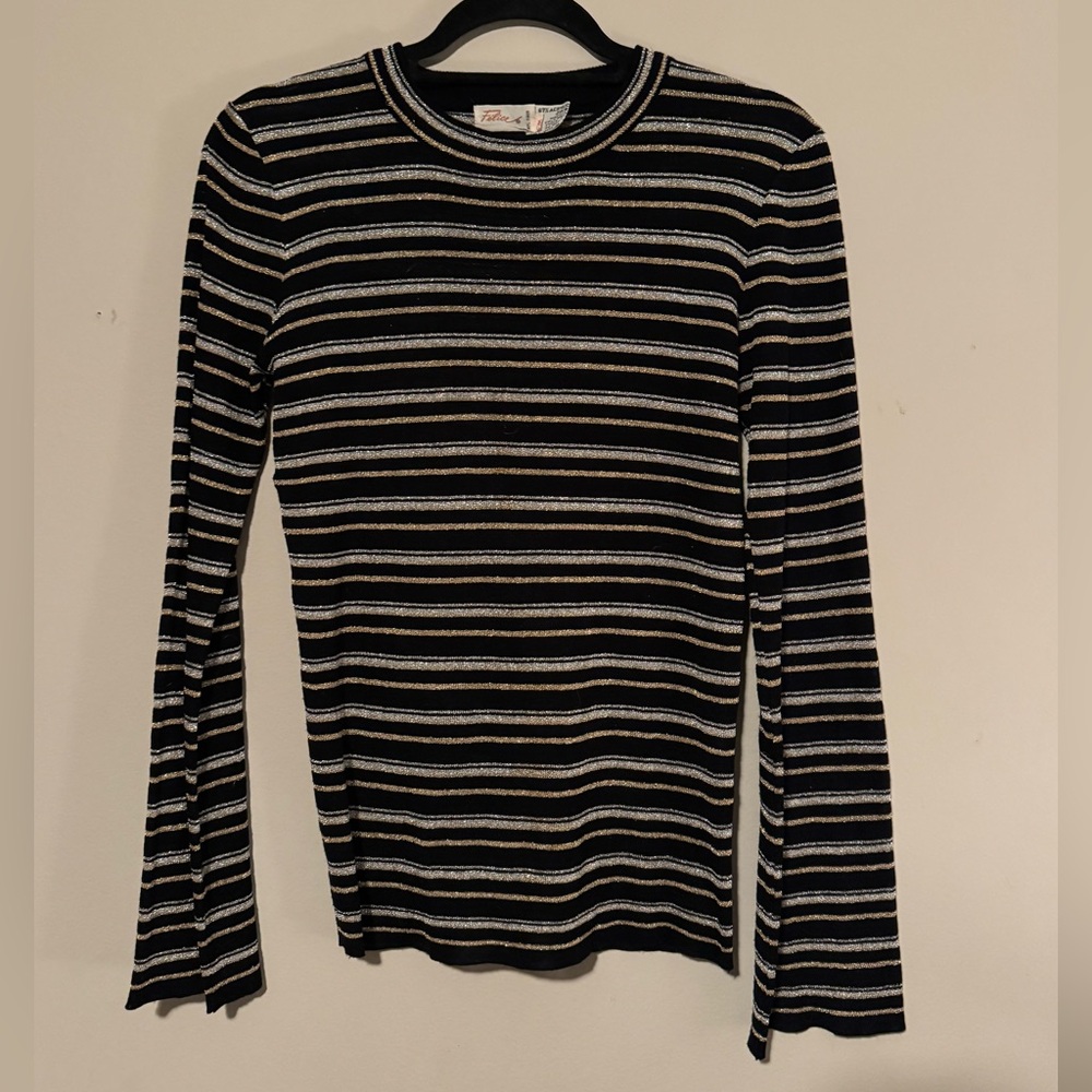 VINTAGE 70s GUC Félice Black & Metallic Striped Long-Sleeve Knit Acrylic Top